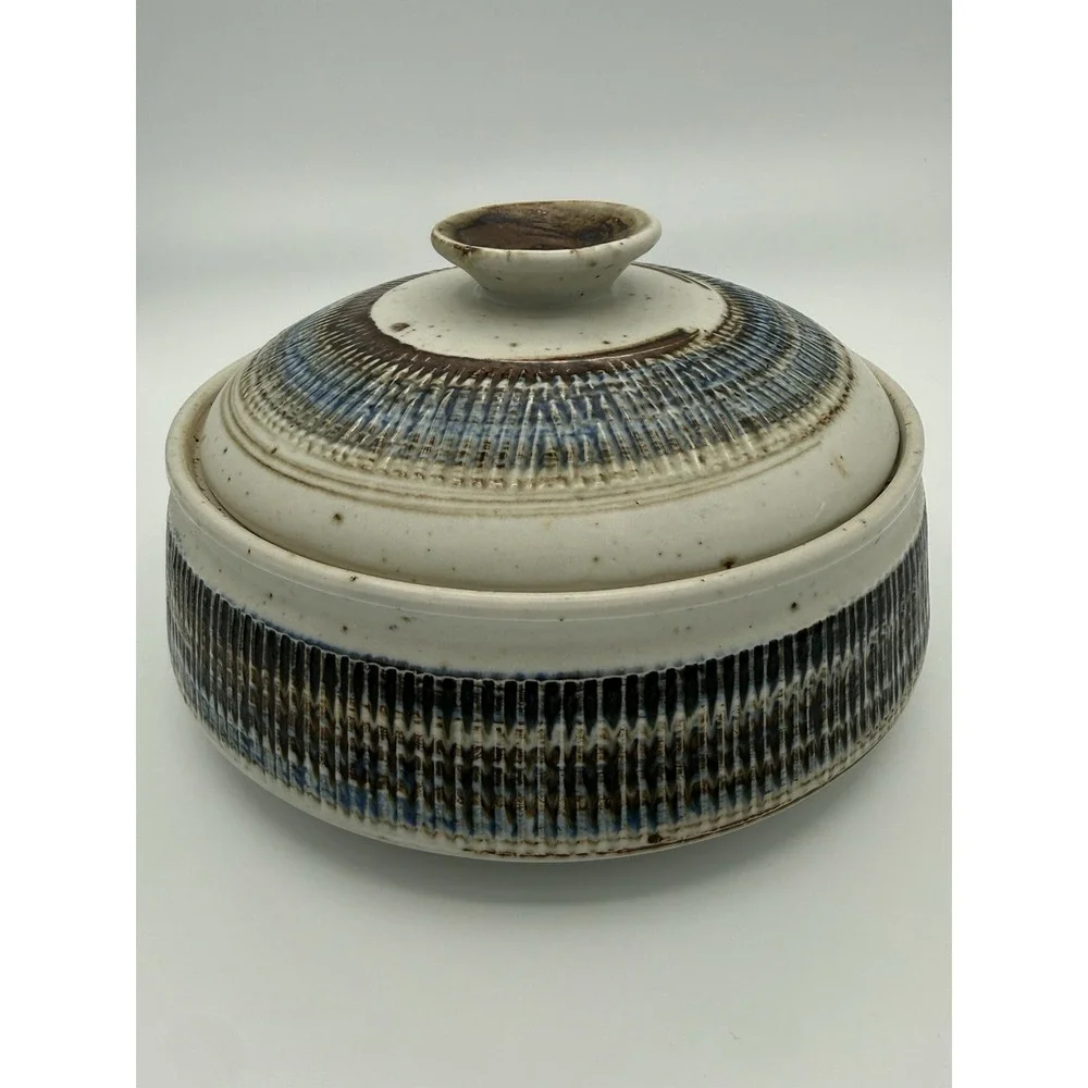 Vintage Japanese Stoneware Casserole Otagiri Style Blue Brown Ribbed Fork MCM